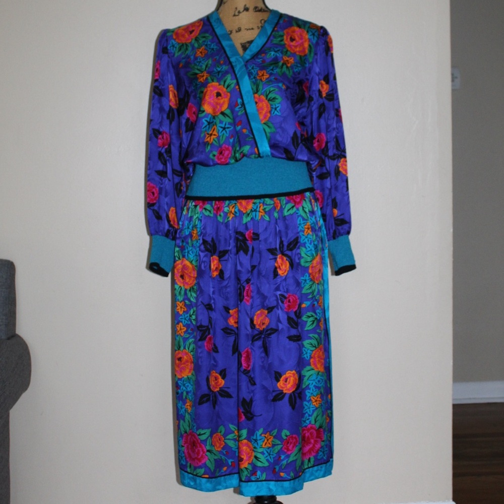 Vintage Lauren Alexandra 2 Piece Silk Floral Midi Skirt Blouse Set Women’s S